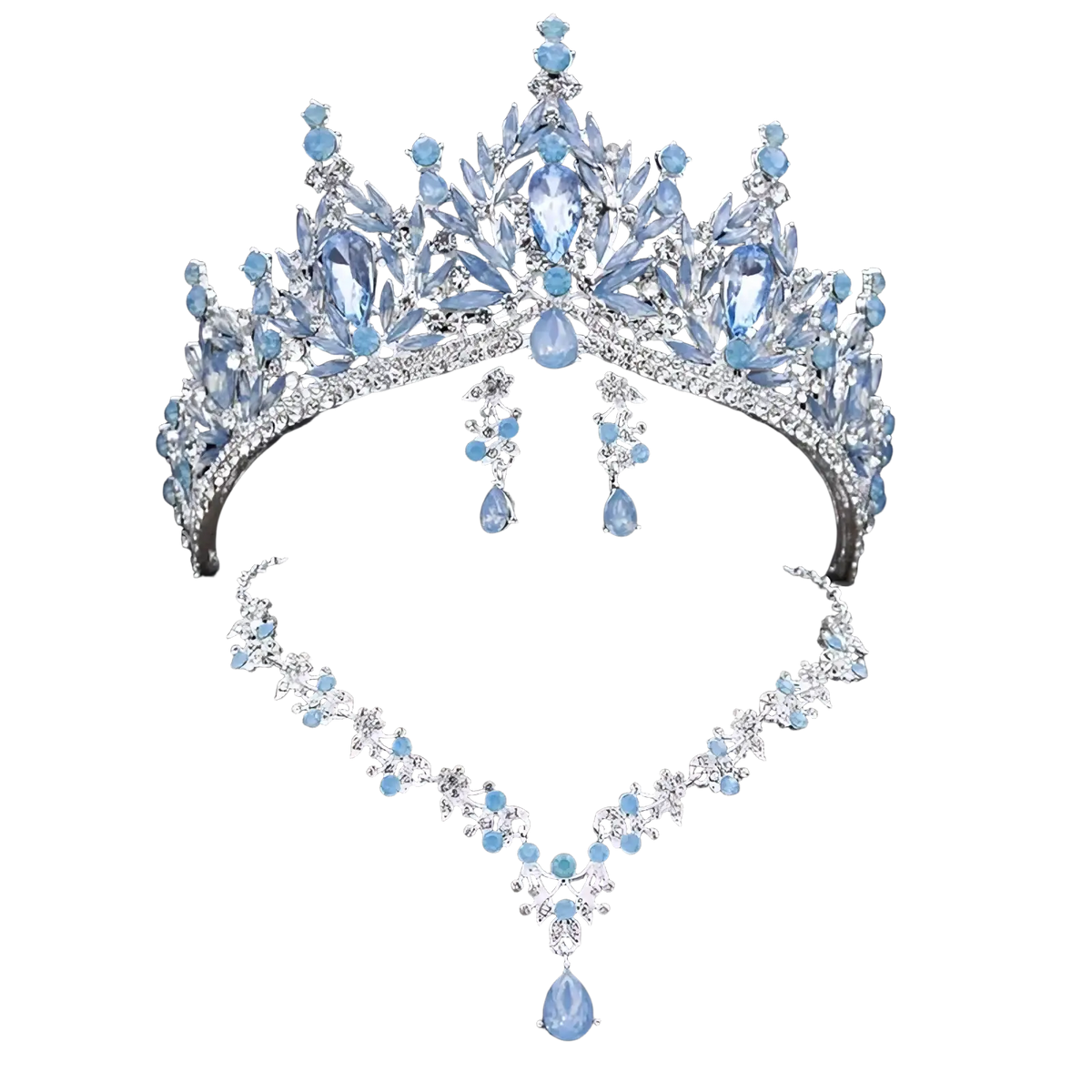 A sparkling silver bridal crown and jewelry set with light blue crystal floral designs for wedding accessories
