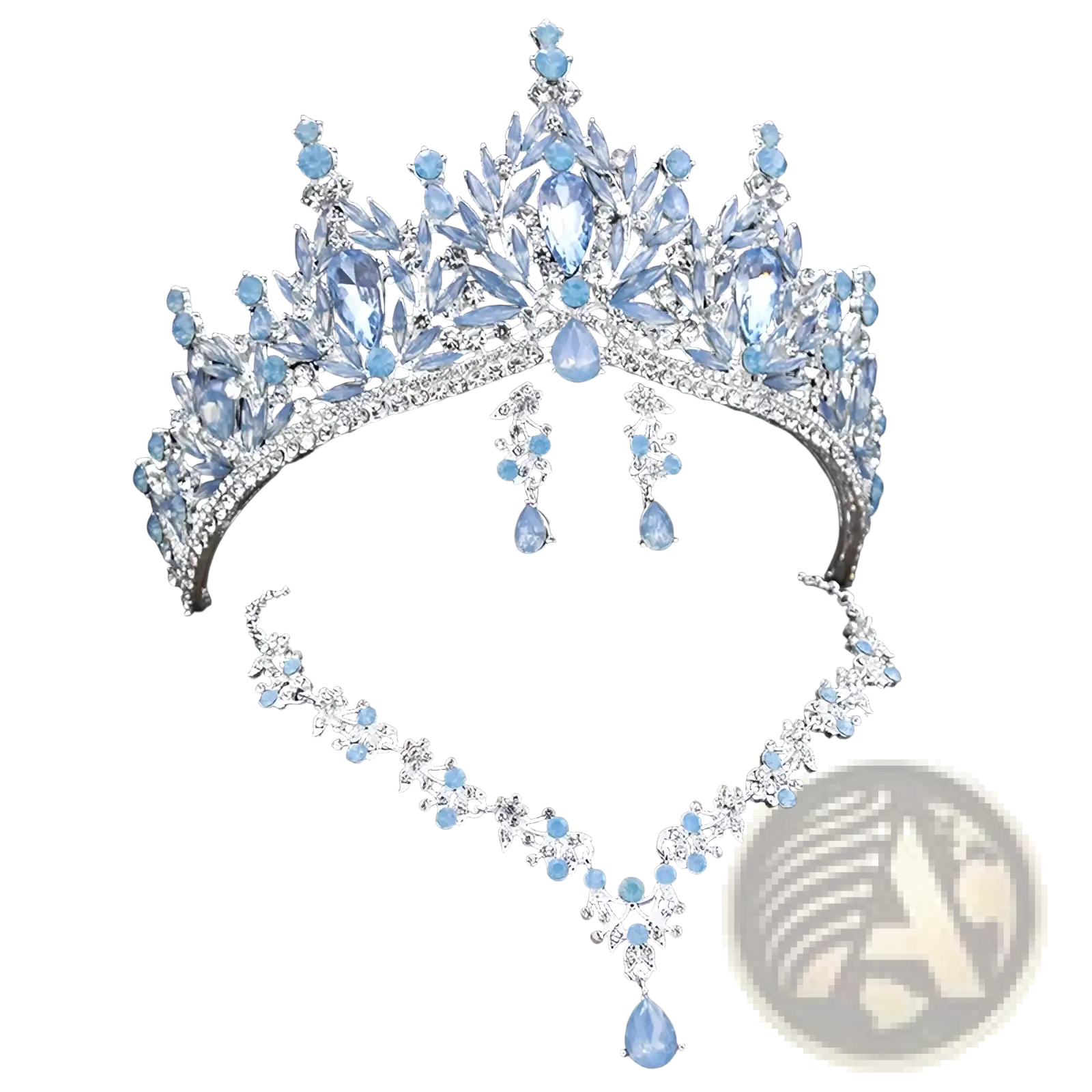 A sparkling silver bridal crown and jewelry set with light blue crystal teardrop and oval accents for weddings