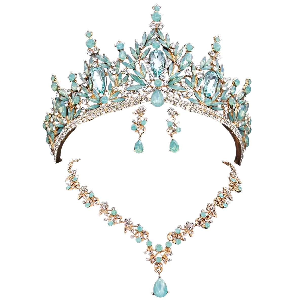 Bridal crown and jewelry set with teal and gold tiara, matching necklace and earrings featuring crystal leaf designs