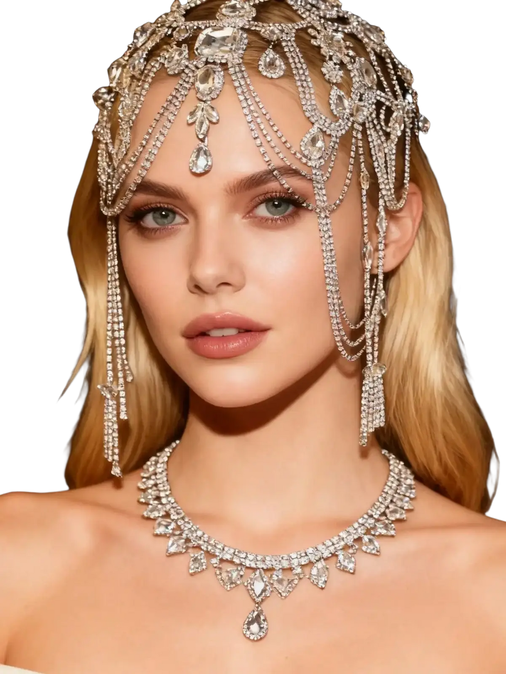 Bridal crystal headpiece and rhinestone choker set with dazzling diamond headpiece and matching cascading crystal necklace