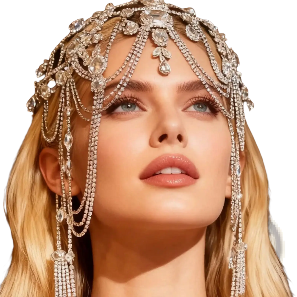 A dazzling silver bridal crystal headpiece with cascading chains and teardrop-shaped rhinestone gems