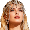 A dazzling silver bridal crystal headpiece with cascading chains and teardrop-shaped rhinestone gems