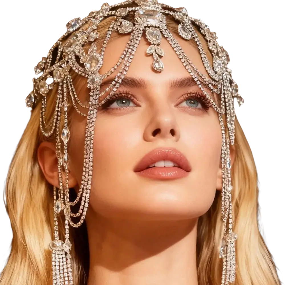 A dazzling silver bridal crystal headpiece with cascading chains and teardrop-shaped rhinestone gems