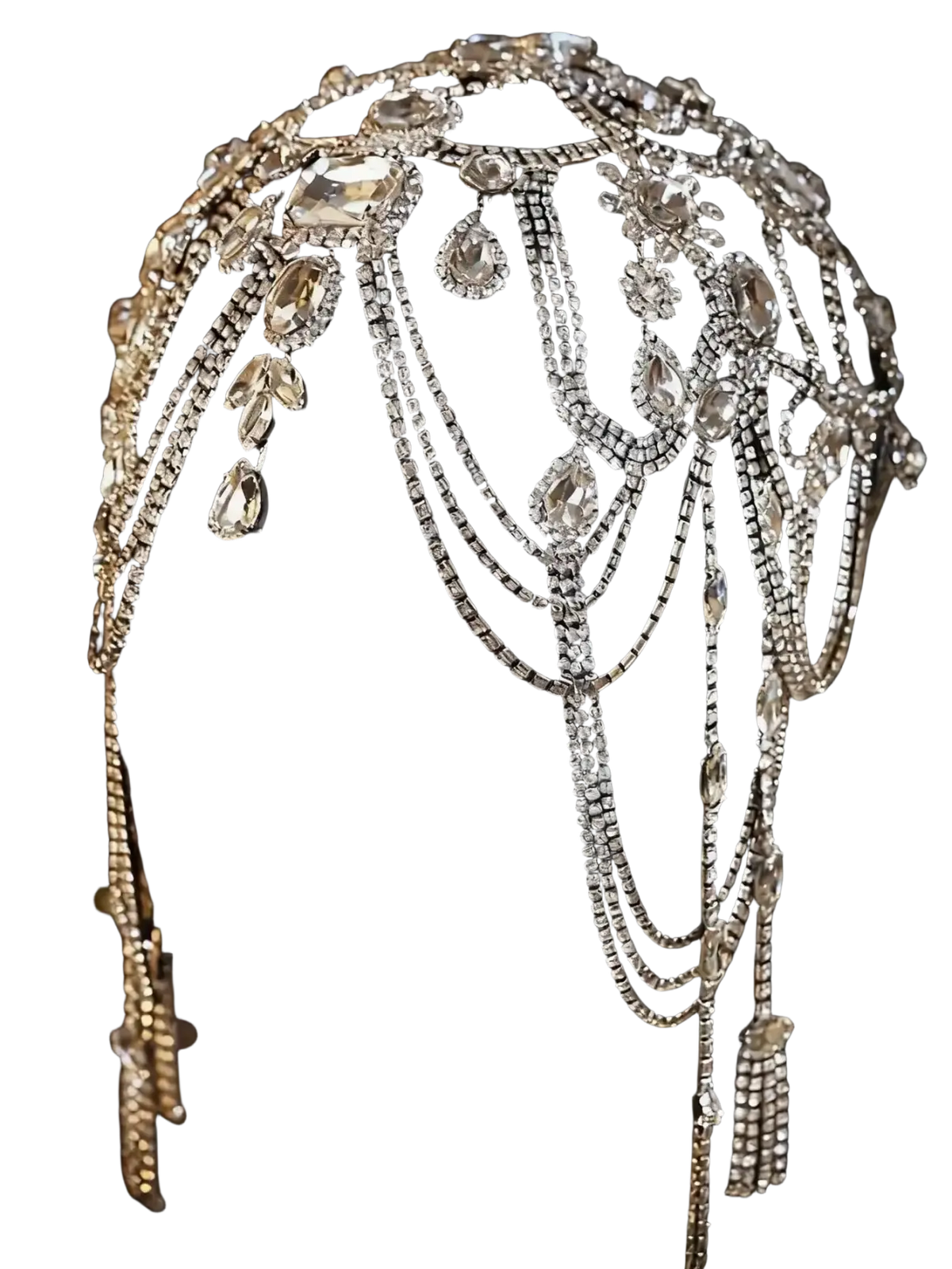 Bridal crystal headpiece and rhinestone choker set in dazzling silver with cascading chains and teardrop crystals