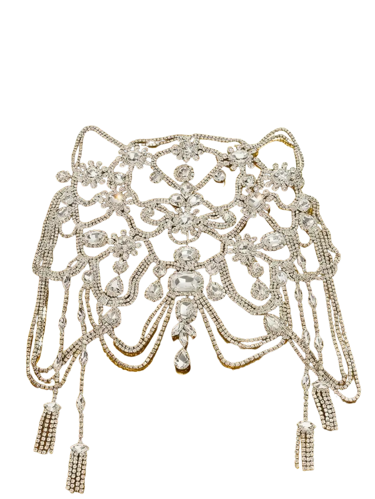 A dazzling silver rhinestone choker necklace with intricate floral and cascading tassel designs for bridal wear