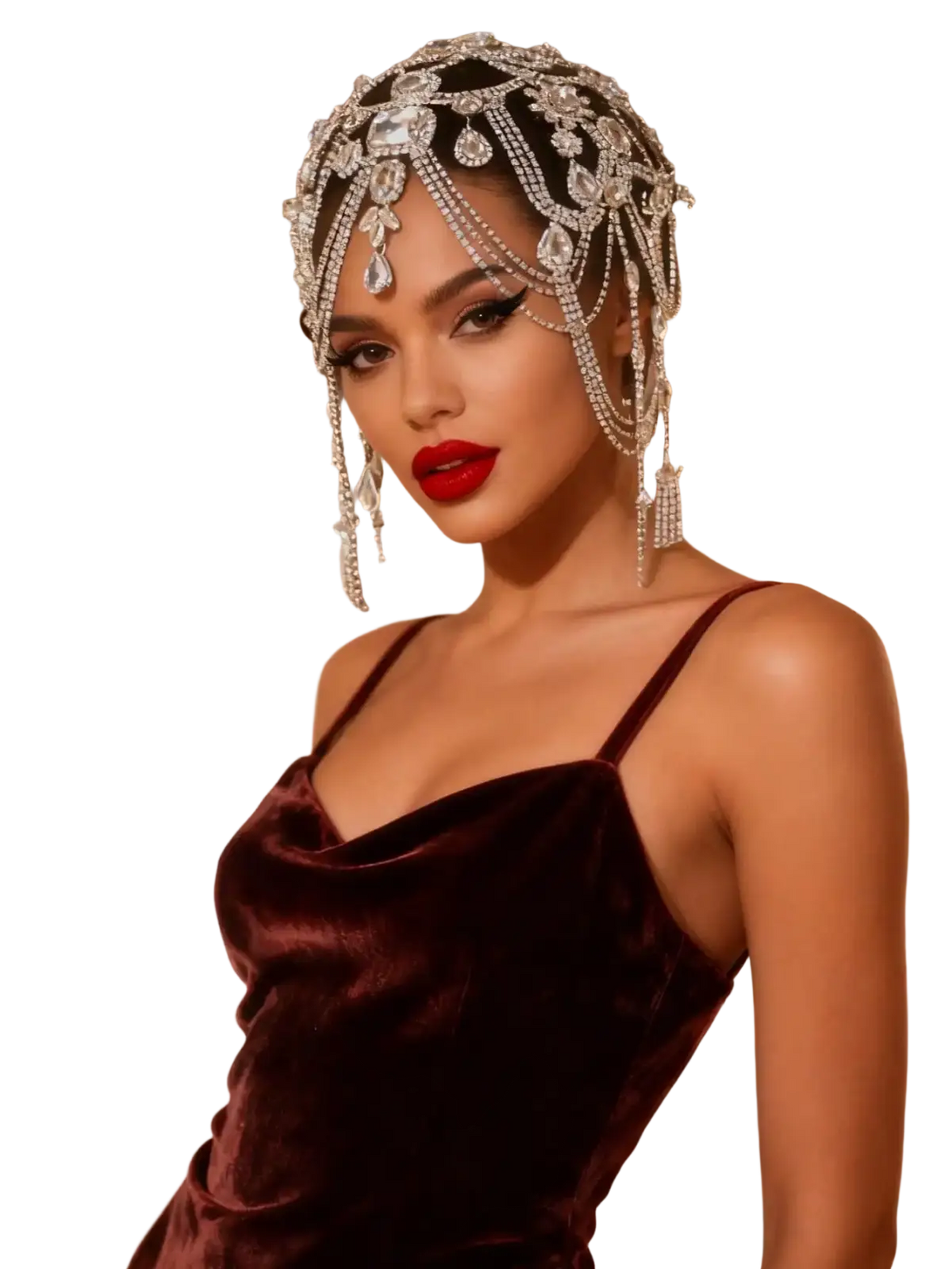 Bridal crystal headpiece and rhinestone choker set featuring a sparkling silver jeweled headpiece with dangling crystal chains and teardrop stones