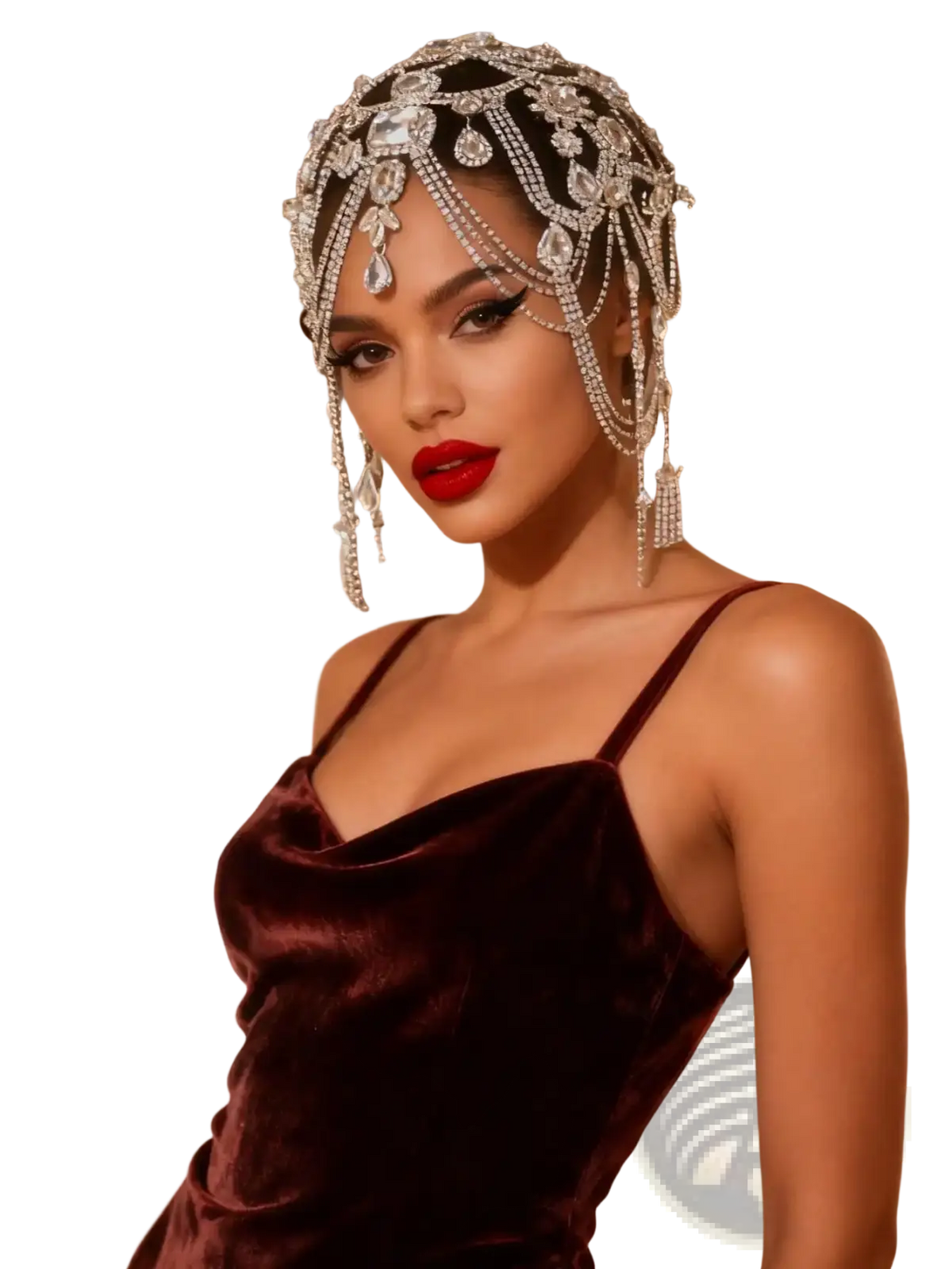 Bridal crystal headpiece and rhinestone choker set featuring a sparkling silver jeweled headpiece with dangling crystal chains and teardrop stones