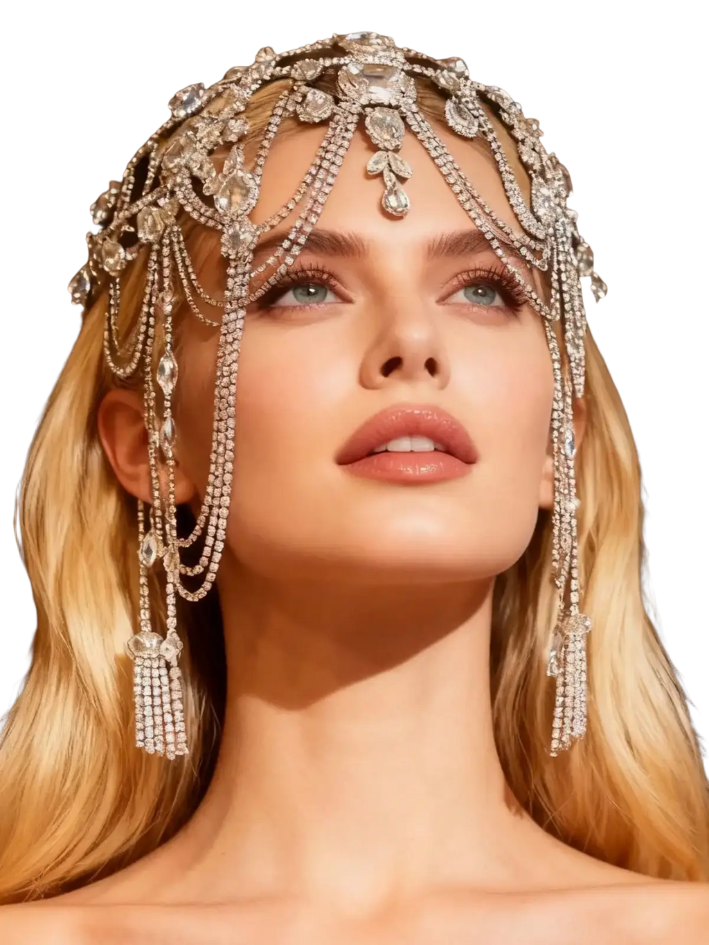 Bridal crystal headpiece and rhinestone choker set featuring a dazzling silver jeweled headpiece with cascading crystal chains