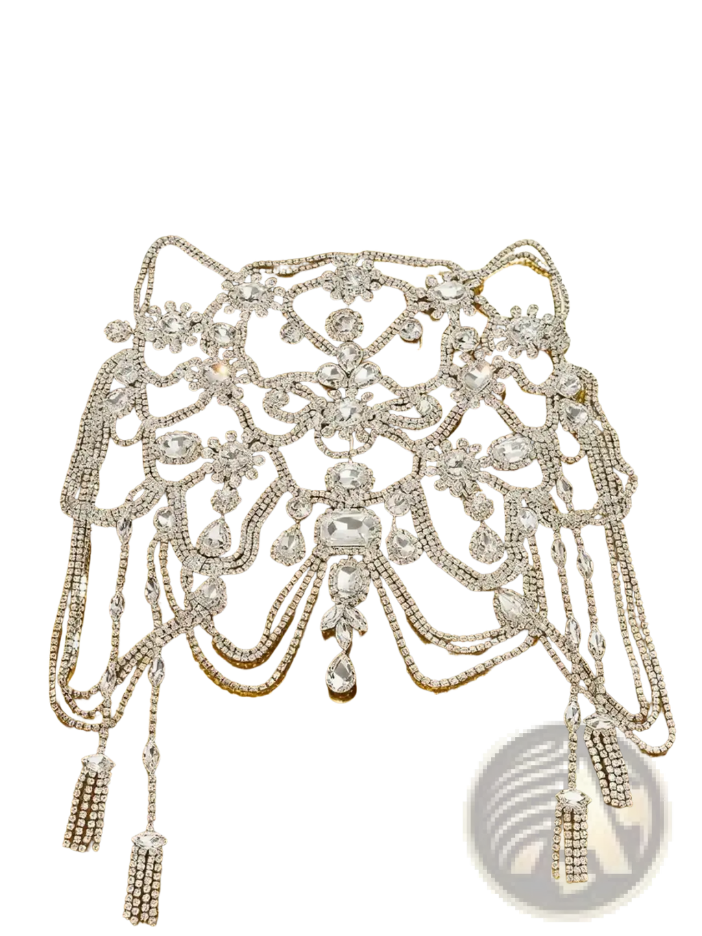 A dazzling silver rhinestone choker necklace with intricate floral and cascading tassel designs for bridal wear