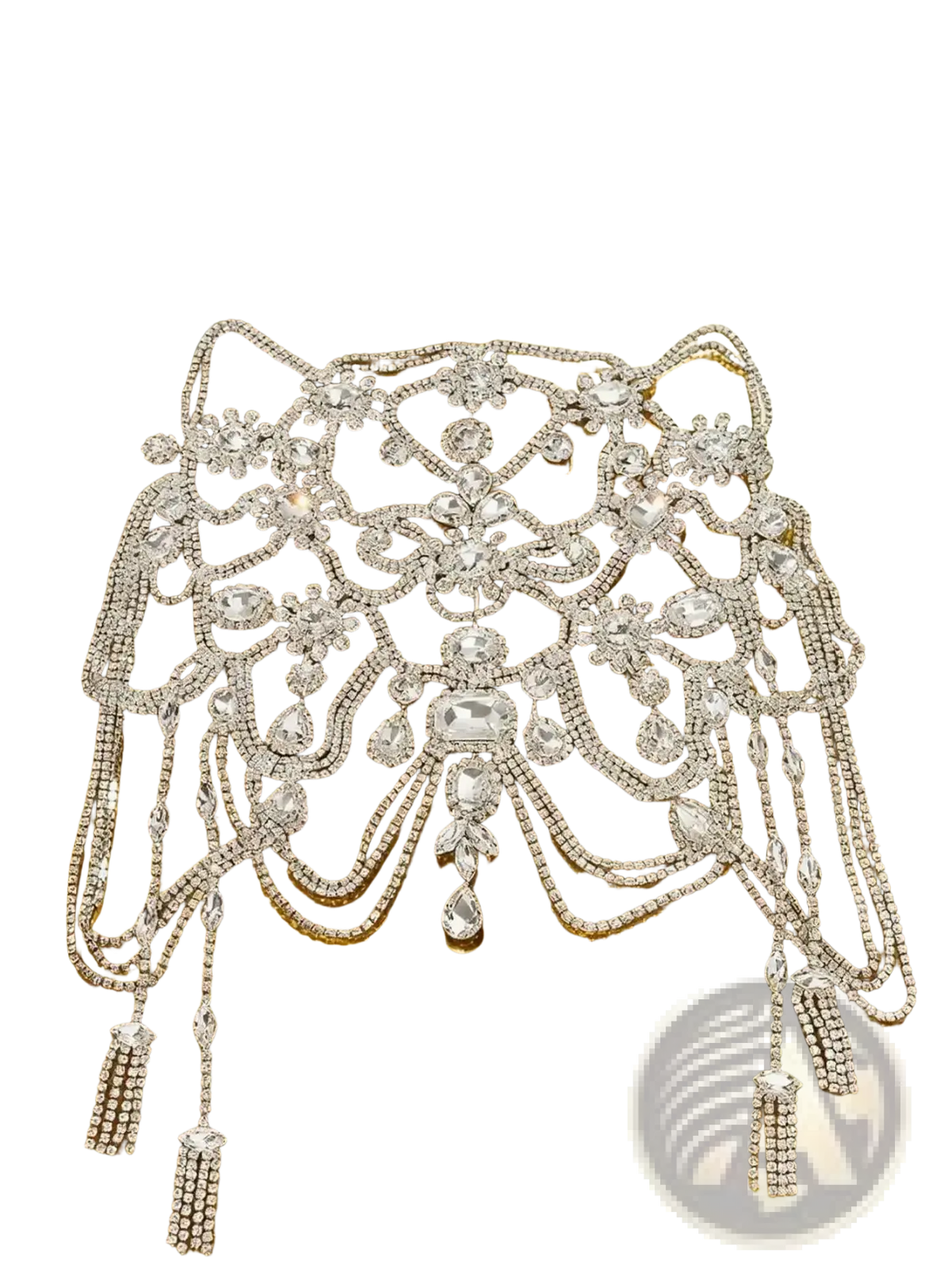 A dazzling silver rhinestone choker necklace with intricate floral and cascading tassel designs for bridal wear