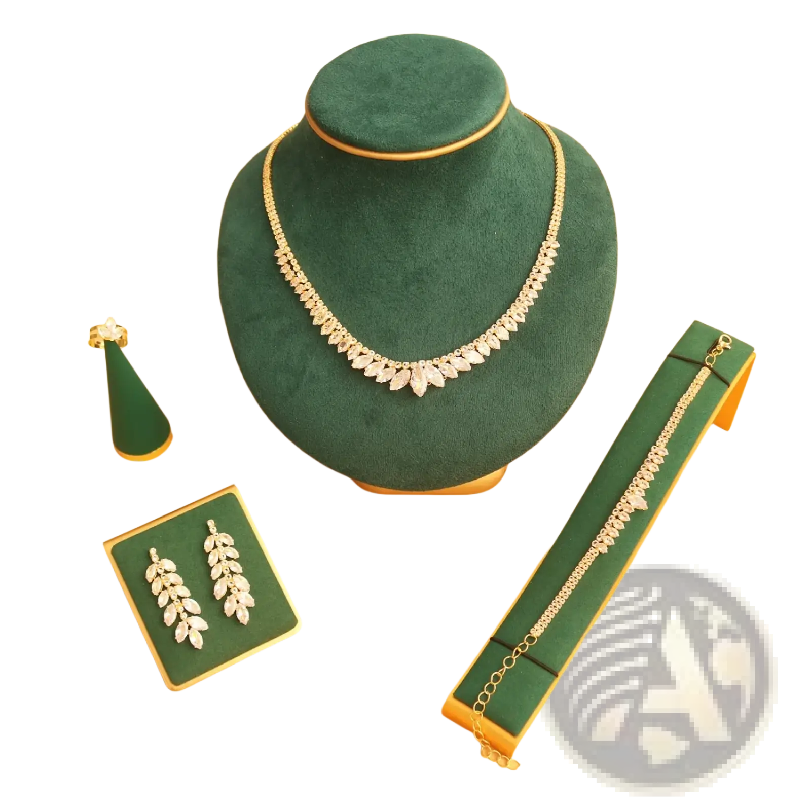 Gold-toned leaf-shaped necklace with clear crystals on dark green velvet bust from bridal crystal jewelry set 4-piece wedding accessories