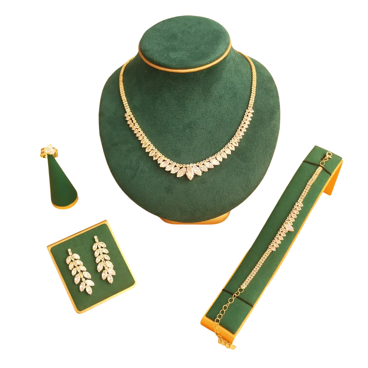 Gold-toned leaf-shaped necklace with clear crystals on dark green velvet bust from bridal crystal jewelry set 4-piece wedding accessories