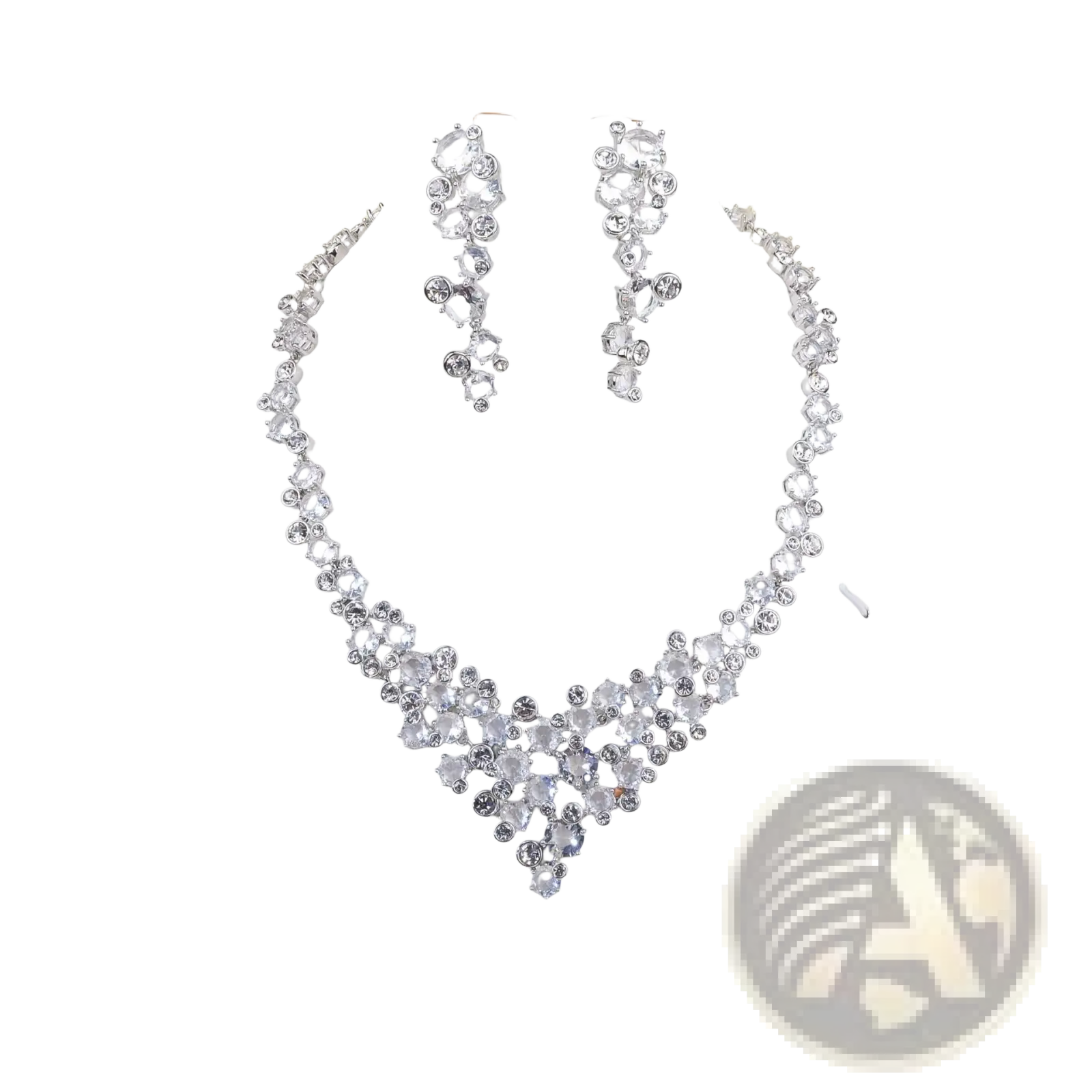 Bridal crystal jewelry set silver necklace and earrings with sparkling silver crystal v-shaped design and clear faceted stones