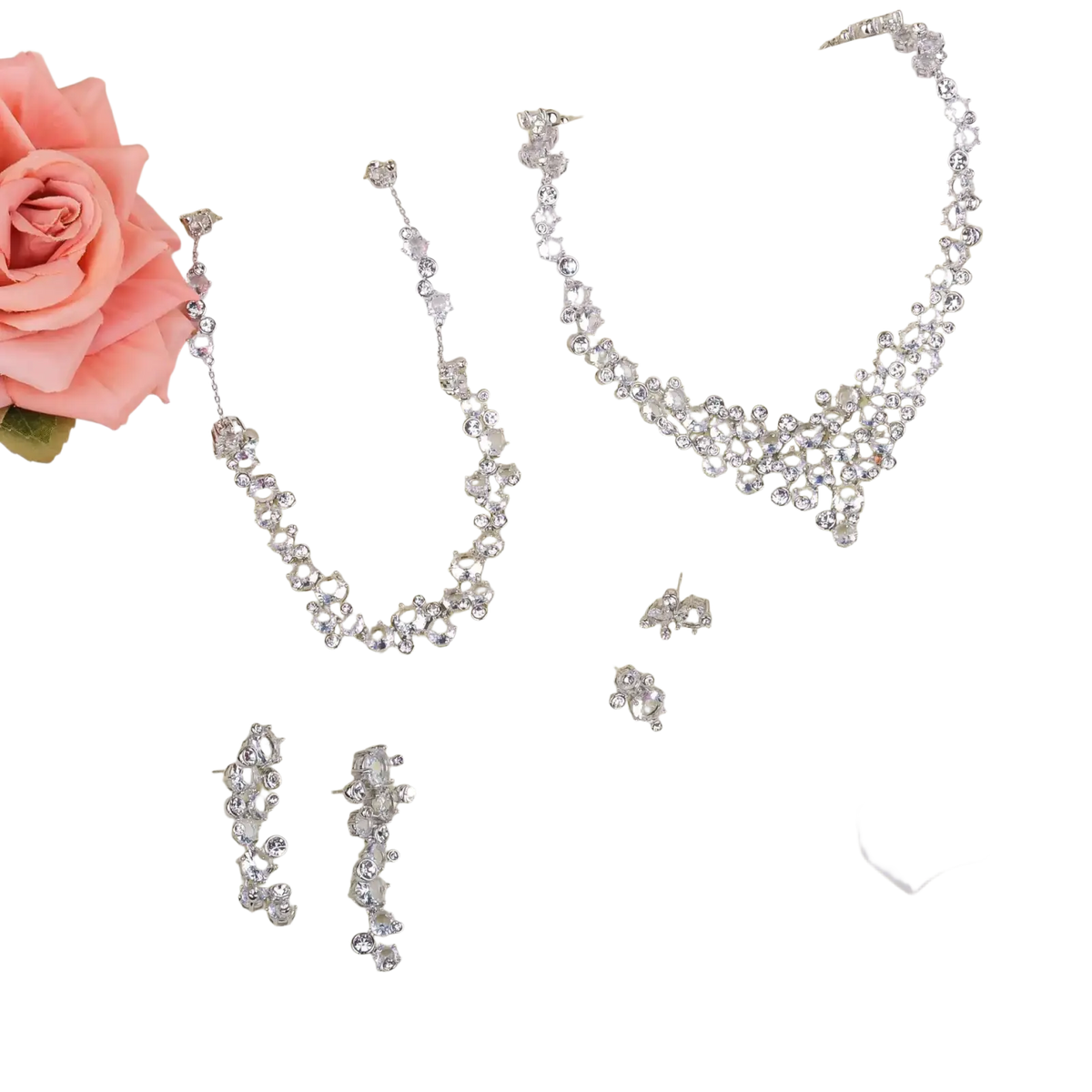 Bridal crystal jewelry set silver necklace with cascading rhinestones and delicate chain detailing