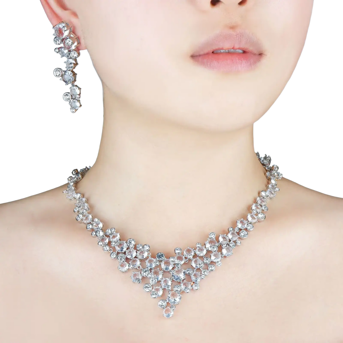 A sparkling silver bridal crystal necklace with a cascading design of clear crystals for elegant occasions