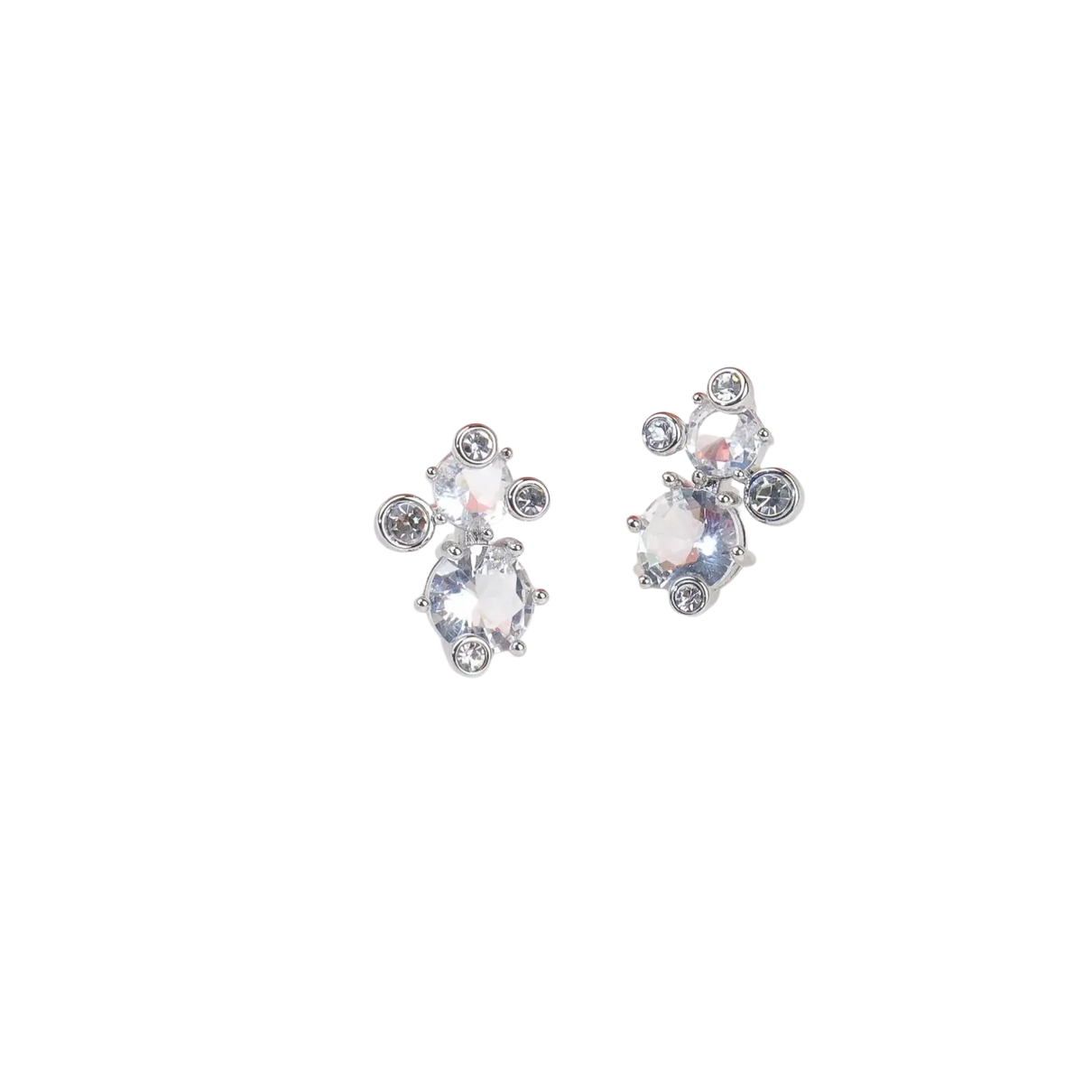 A pair of silver-toned bridal crystal stud earrings with clear faceted gemstones in a cascading cluster design
