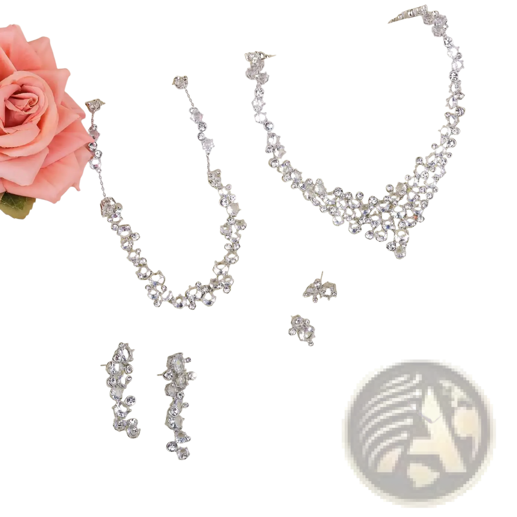 Bridal crystal jewelry set silver necklace with cascading rhinestones and delicate chain detailing