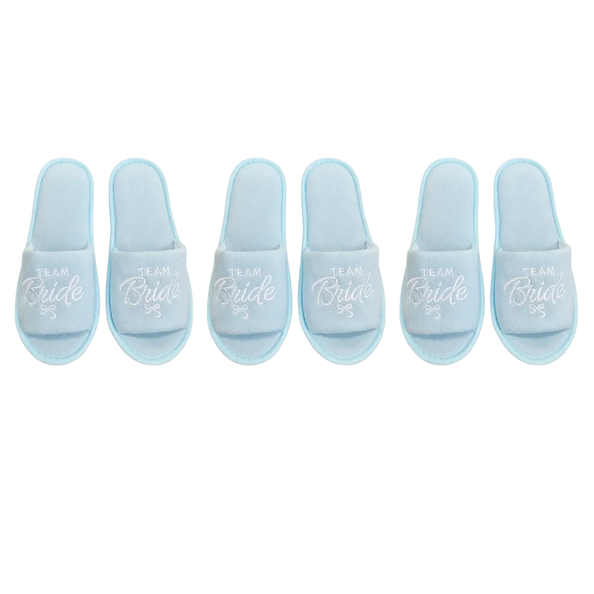 Light blue plush slip-on bridal party slippers with team bride embroidered in white script and small bow design