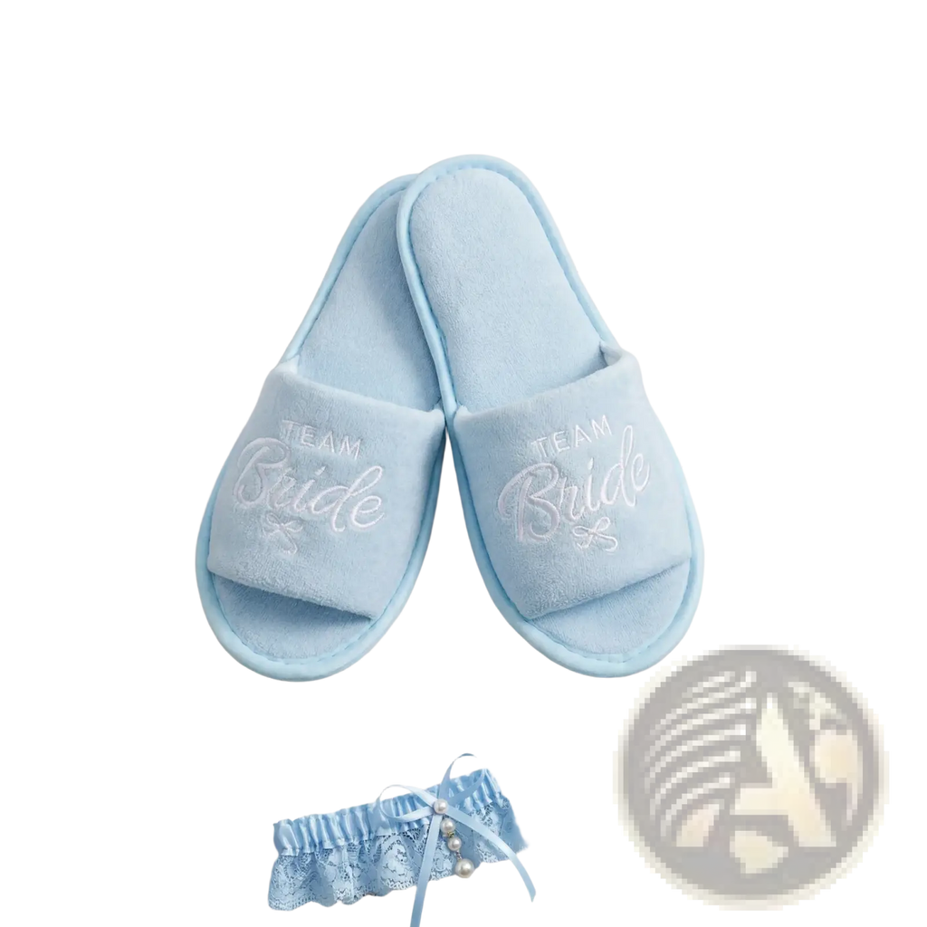 Light blue plush bridal party slippers with team bride embroidered in white thread for wedding gift set