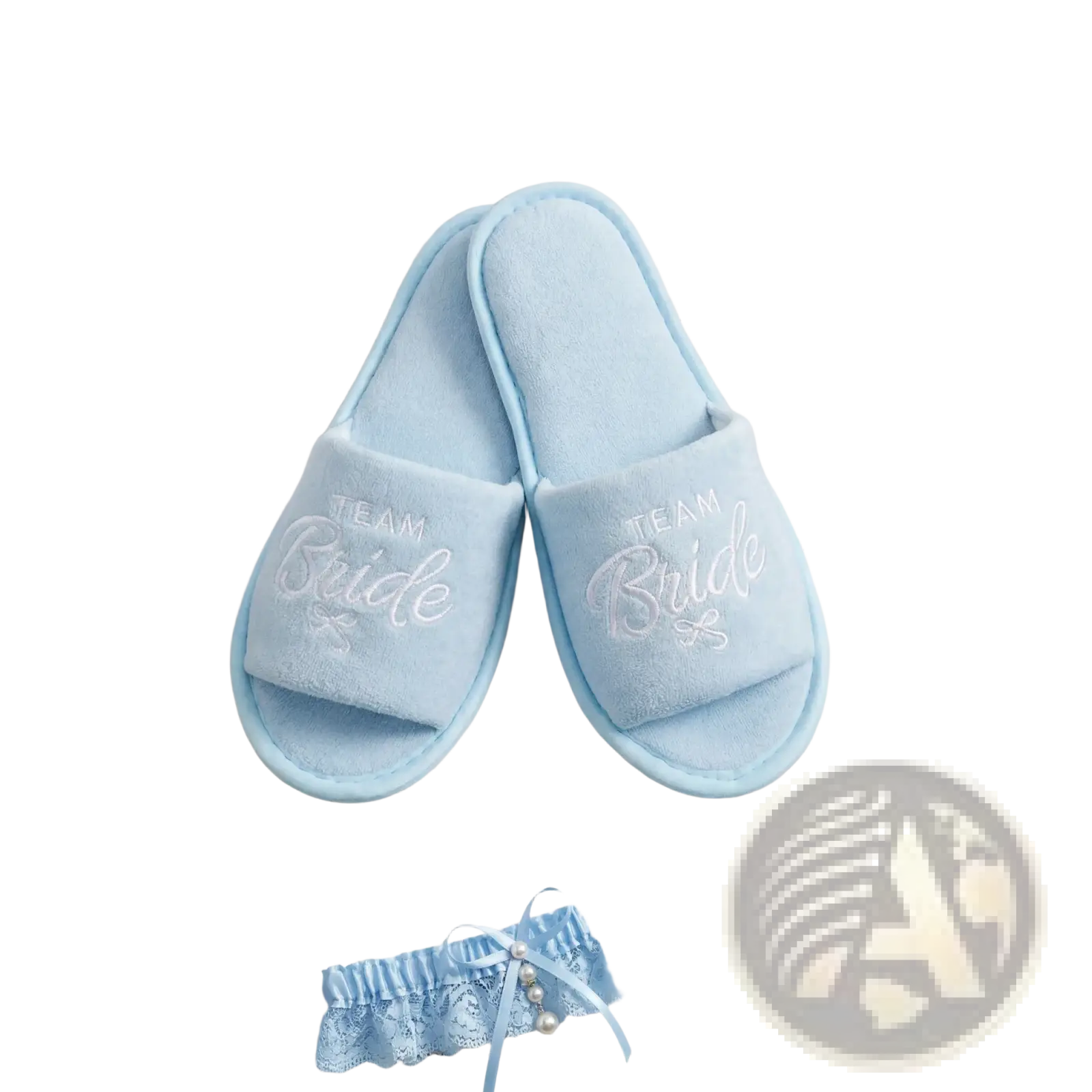 Light blue plush bridal party slippers with team bride embroidered in white thread for wedding gift set