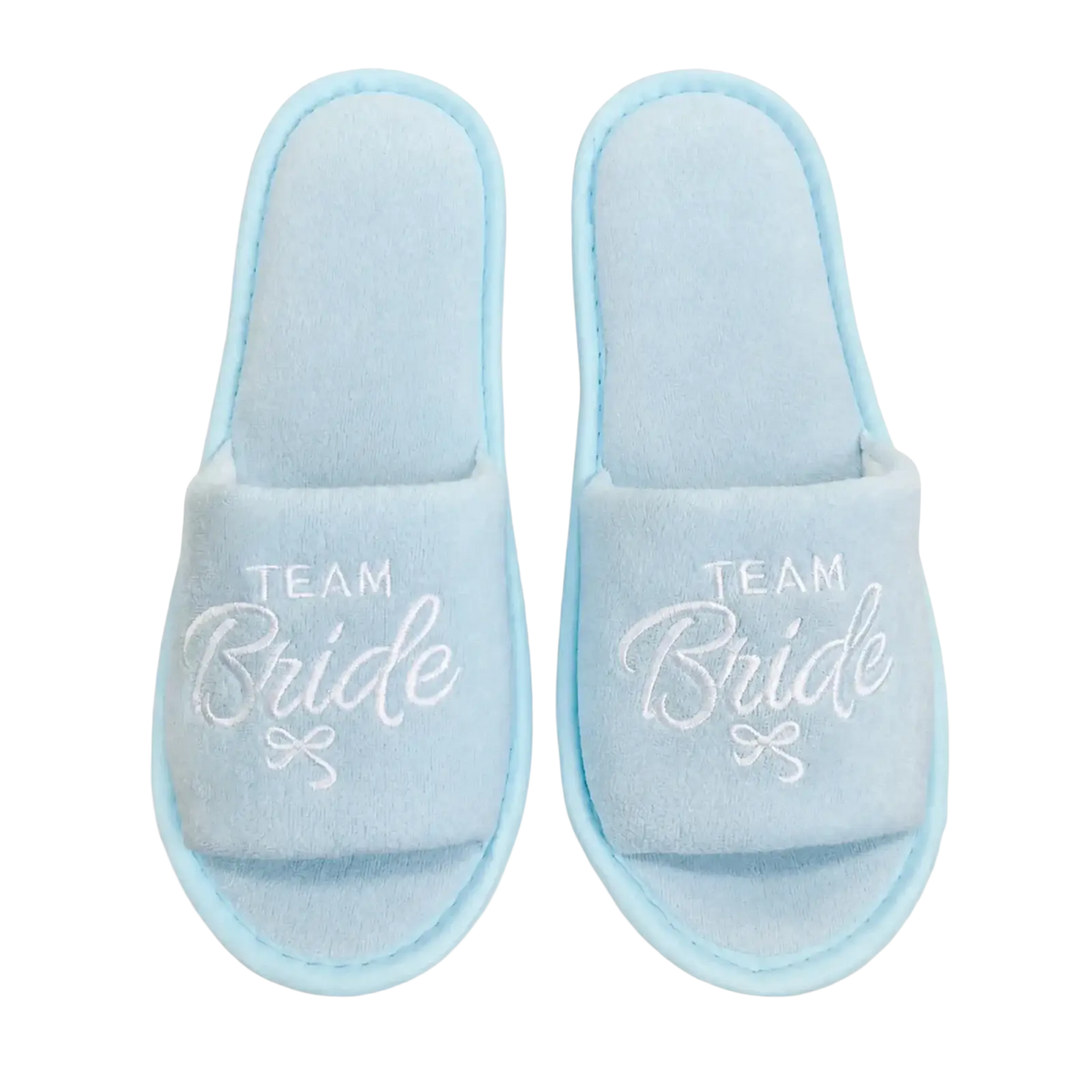 Light blue plush bridal party slippers with team bride embroidered in white script and small bow detail