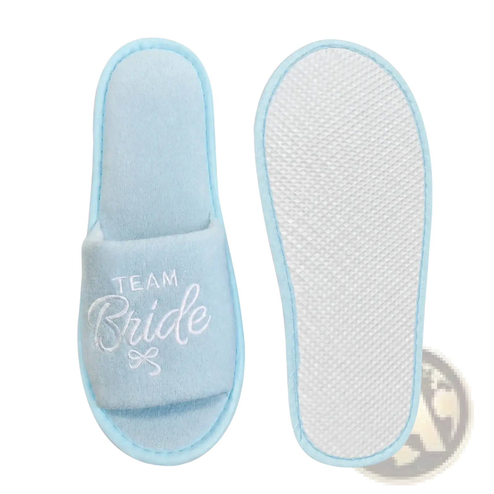 Light blue slip-on bridal party slippers embroidered with team bride in white script and a small bow design