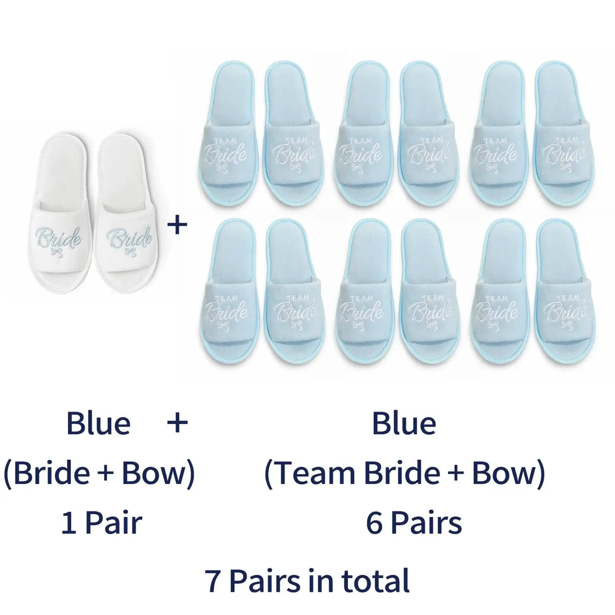 Light blue and white embroidered team bride bridal party slippers with bow designs for bridal gift set