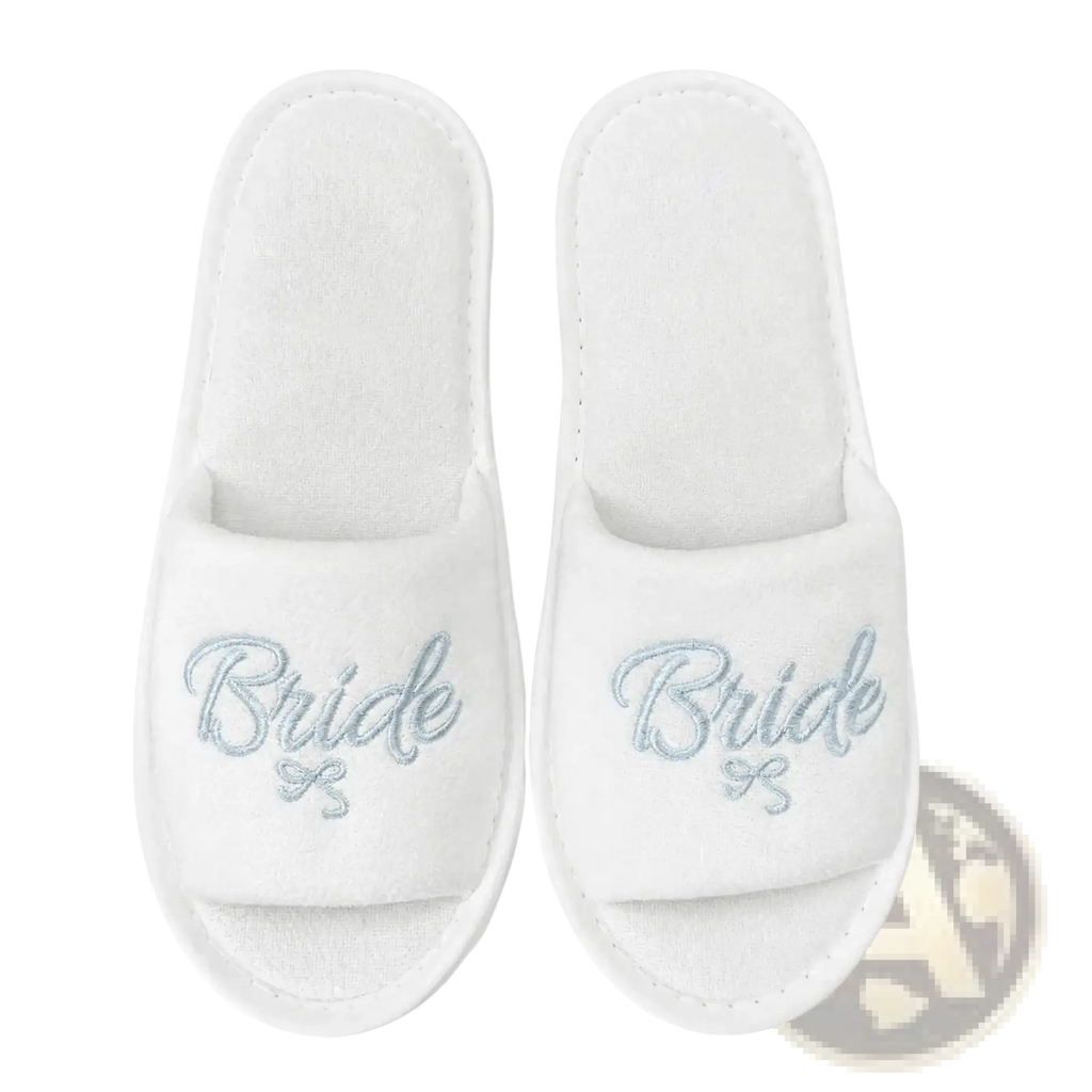 White plush bridal party slippers with bride embroidered in silver thread for team bride gift set