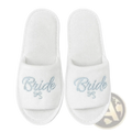 White plush bridal party slippers with bride embroidered in silver thread for team bride gift set