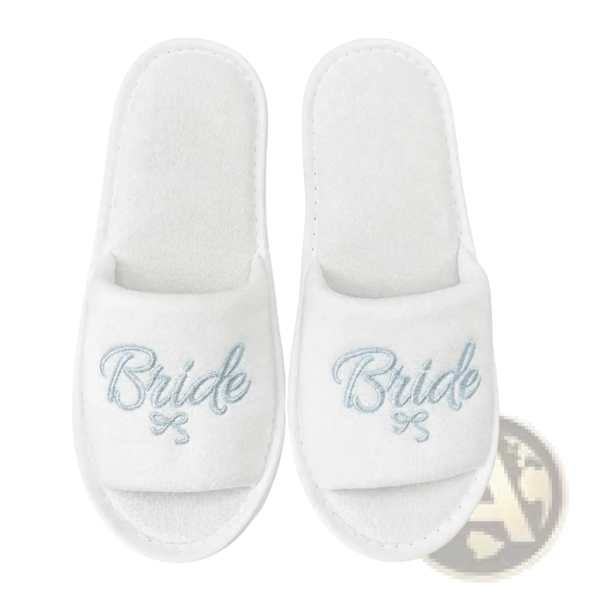 White plush bridal party slippers with bride embroidered in silver thread for team bride gift set