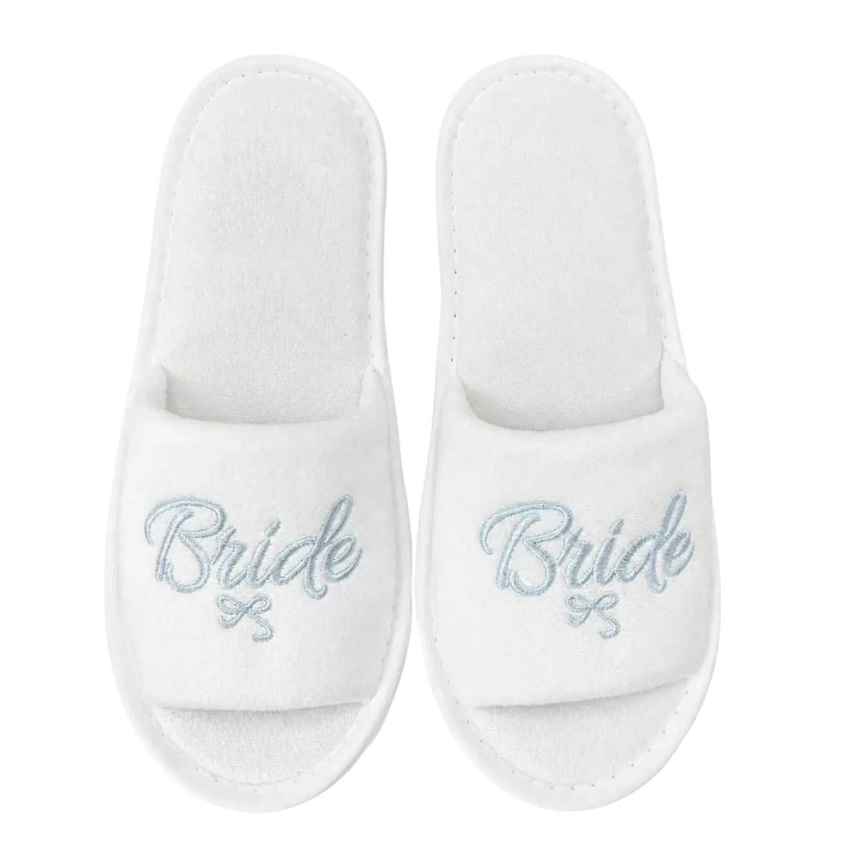 White plush bridal party slippers with bride embroidered in silver thread for team bride gift set