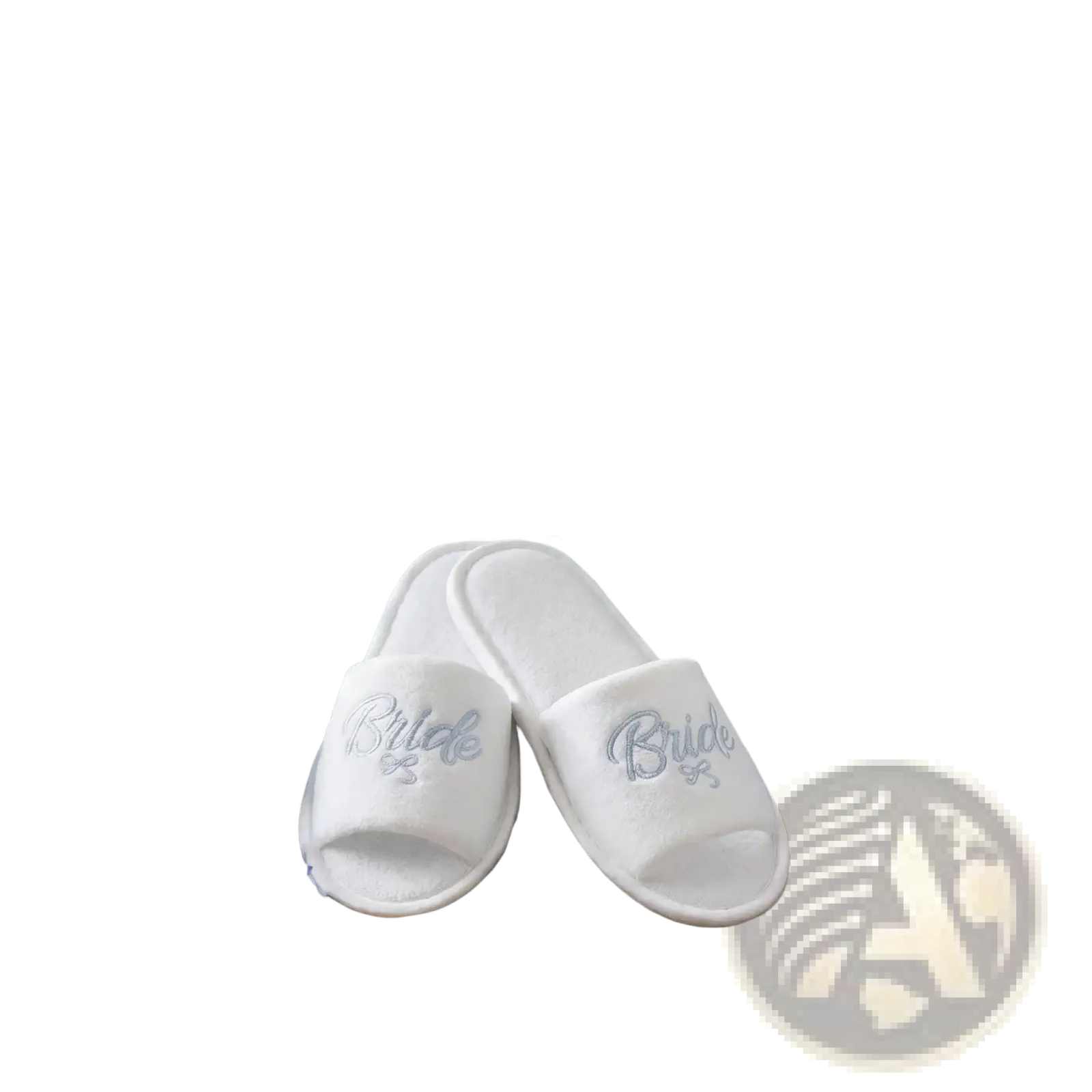 White plush slip-on bridal party slippers embroidered with bride in silver thread for team bride gift set