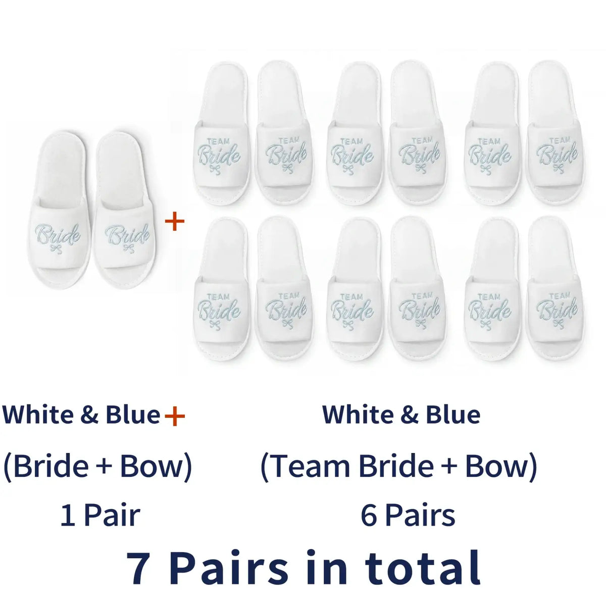 White slip-on bridal party slippers with light blue team bride and bride embroidery perfect for wedding gifts