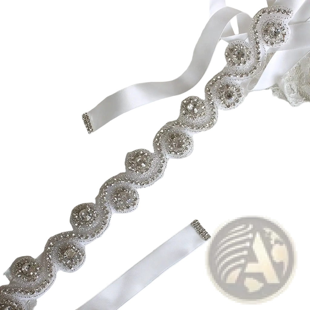 Bridal rhinestone satin sash belt in white satin with intricate silver beading and sparkling crystal embellishments