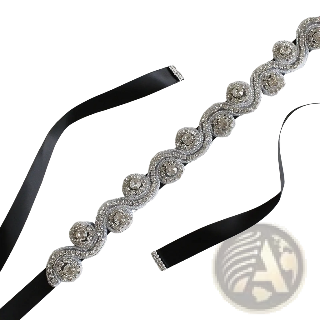 Silver beaded bridal rhinestone satin sash belt with black satin ribbon for elegant wedding attire