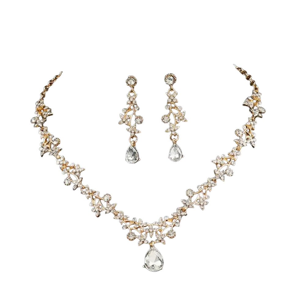 Gold-toned floral bridal rhinestone vine necklace set with clear teardrop pendants and sparkling crystal accents