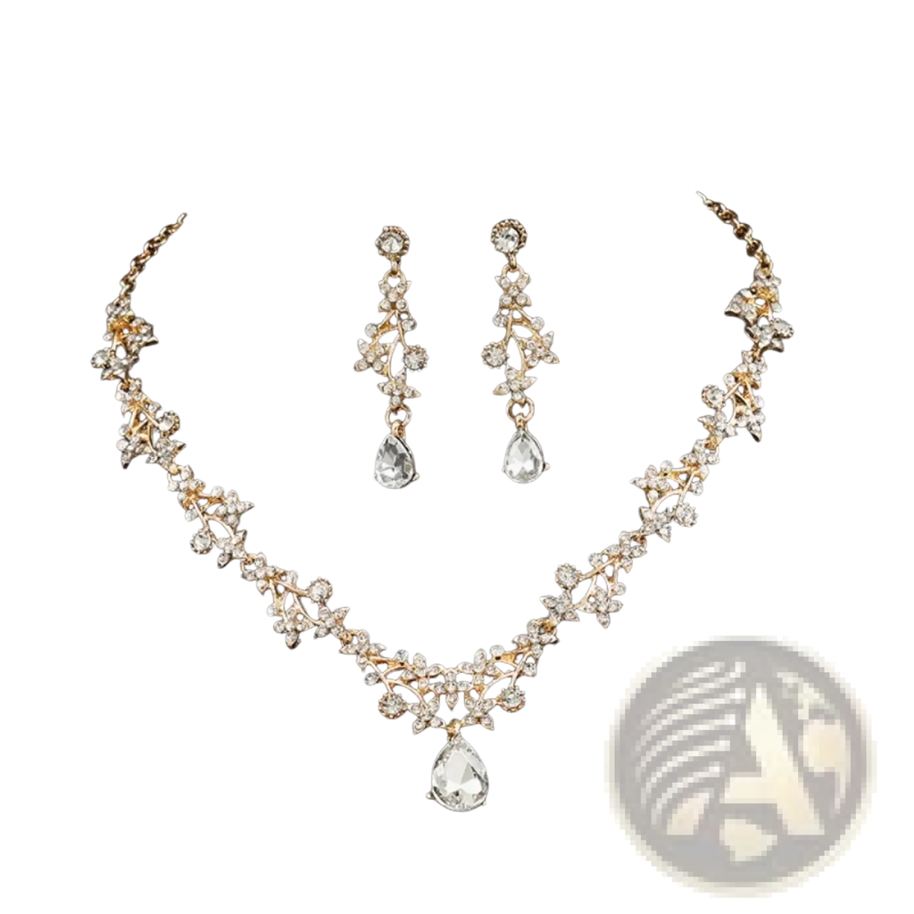 Gold-toned floral bridal rhinestone vine necklace set with clear teardrop pendants and sparkling crystal accents