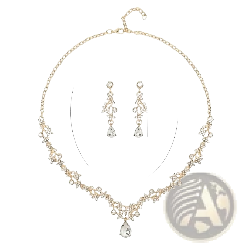 Gold-toned bridal rhinestone vine necklace with intricate floral design and central teardrop crystal pendant