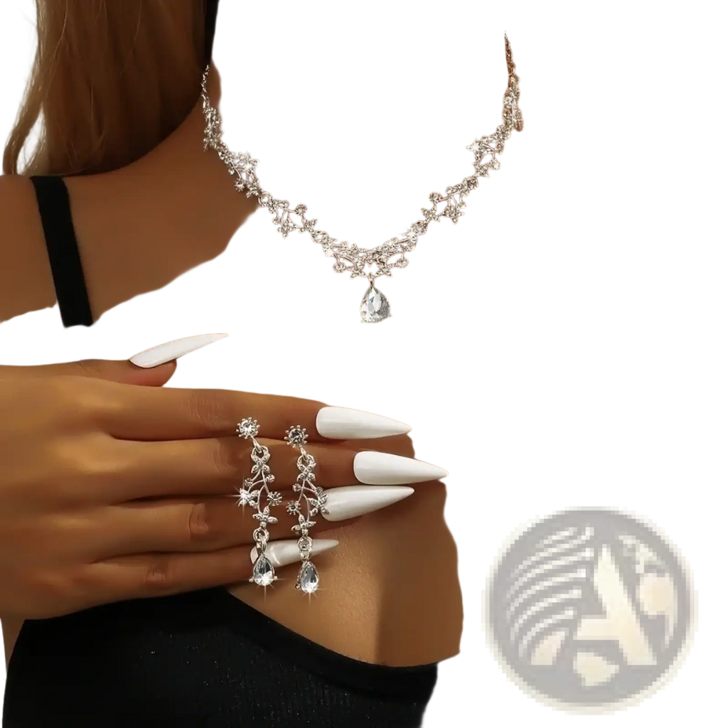 Silver floral choker necklace with dangling teardrop crystal pendant from bridal rhinestone vine jewelry set
