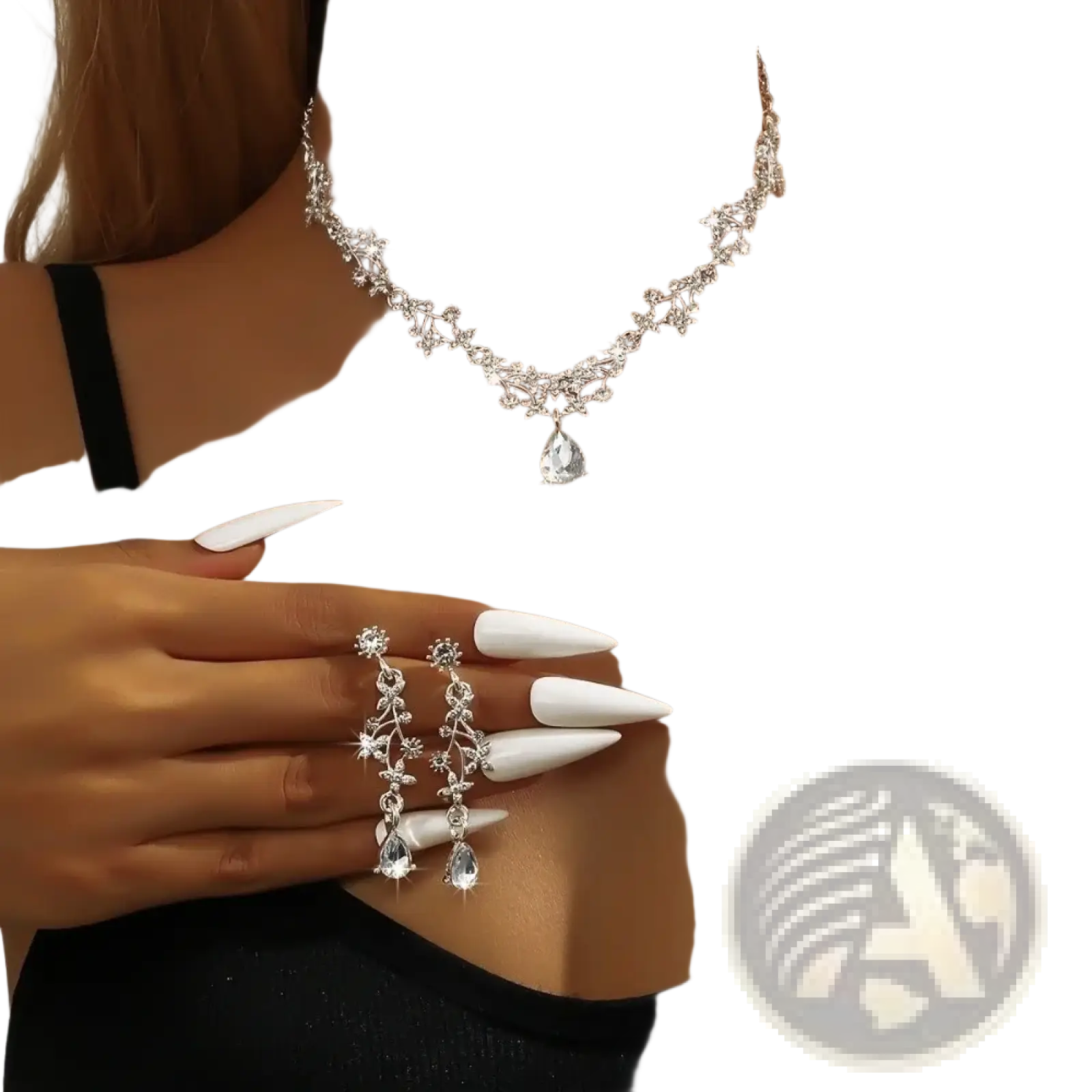 Silver floral choker necklace with dangling teardrop crystal pendant from bridal rhinestone vine jewelry set