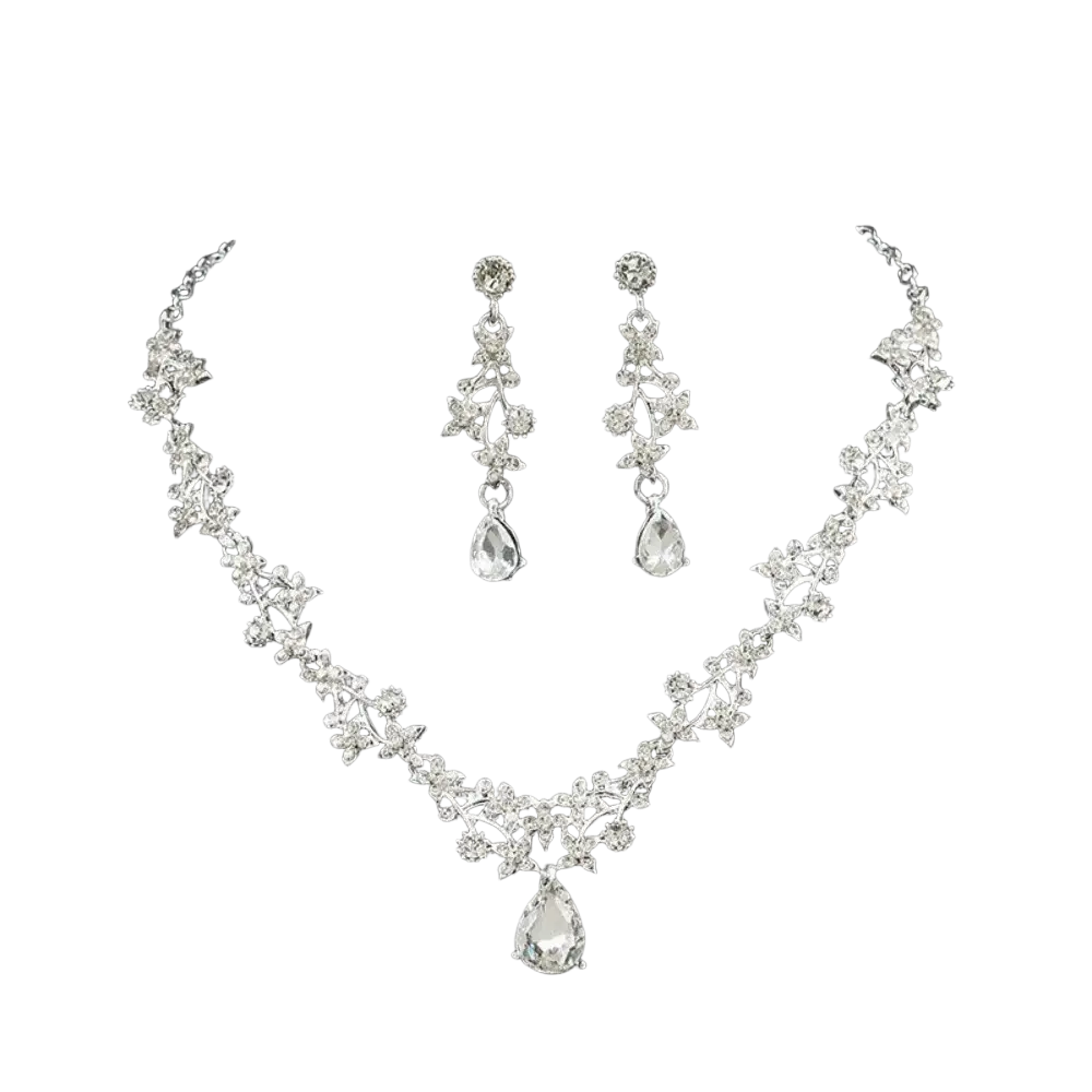 Bridal rhinestone vine jewelry set silver floral necklace with clear crystals and teardrop pendants with matching earrings