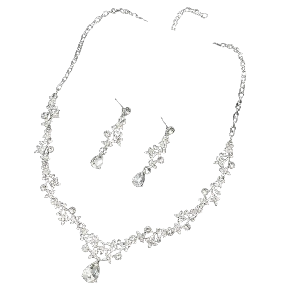 Bridal rhinestone vine jewelry set featuring silver vine-inspired necklace with clear crystal accents and teardrop pendants