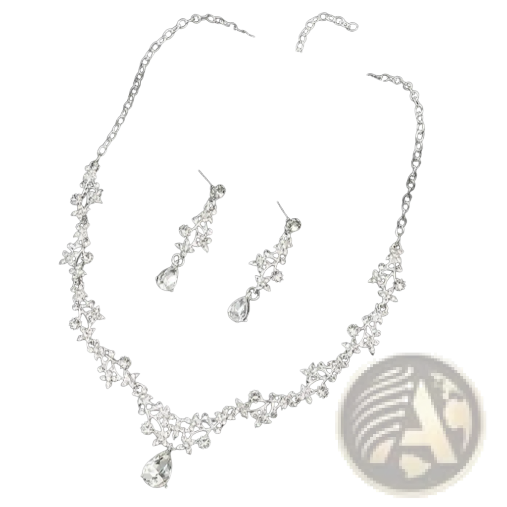 Bridal rhinestone vine jewelry set featuring silver vine-inspired necklace with clear crystal accents and teardrop pendants
