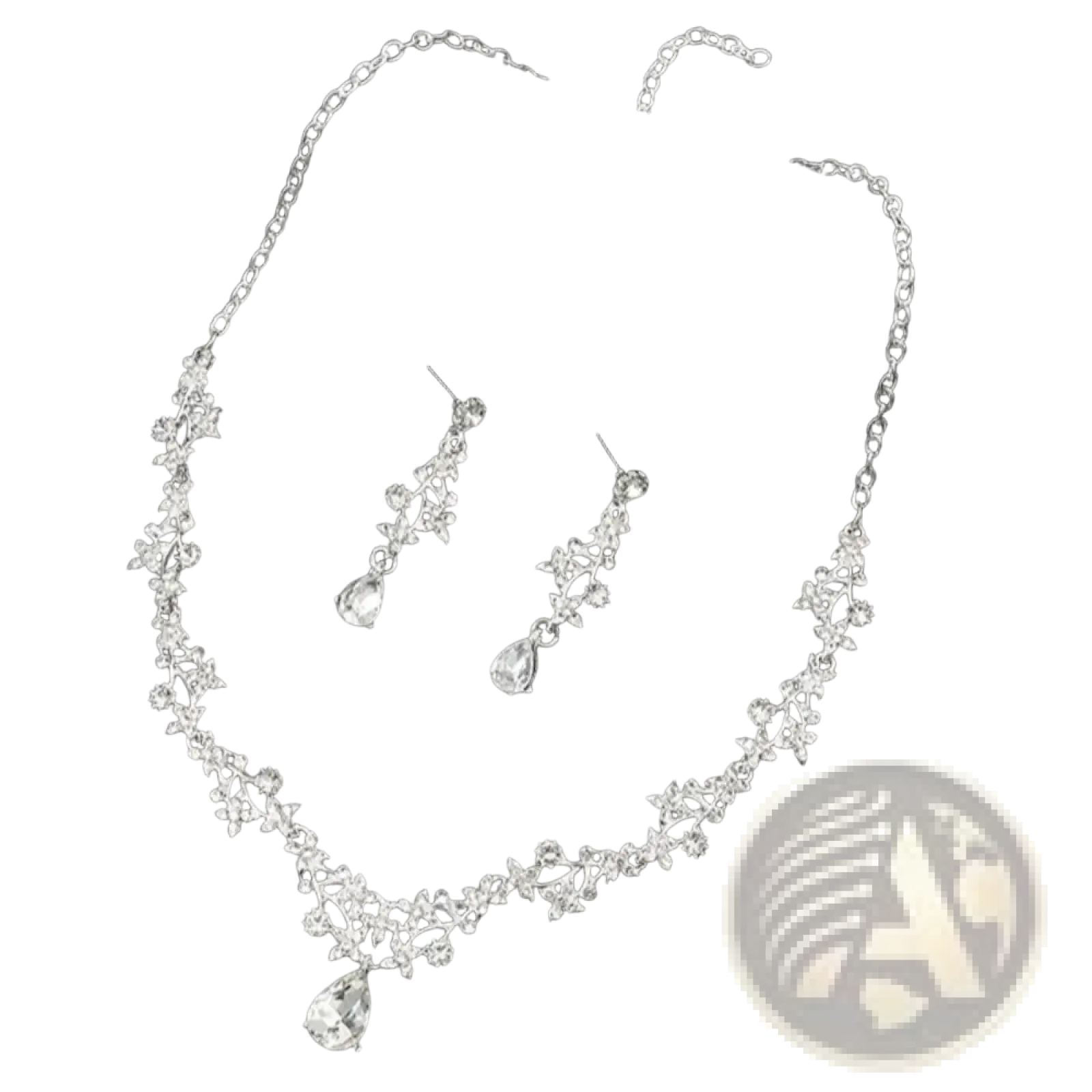 Bridal rhinestone vine jewelry set featuring silver vine-inspired necklace with clear crystal accents and teardrop pendants