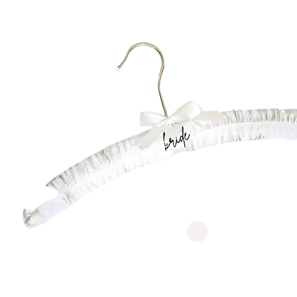 A white satin bridal hanger with a delicate bow and the word bride scripted in black for wedding dresses