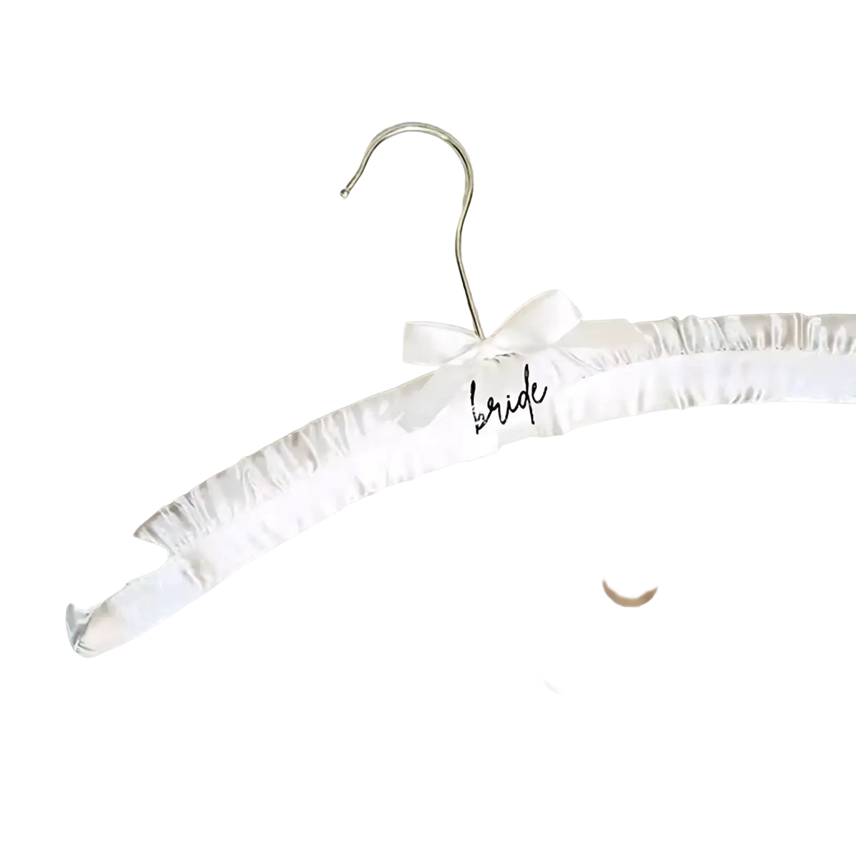 Bridal satin hanger covered in white satin with a delicate bow and bride scripted in black ink for wedding dresses