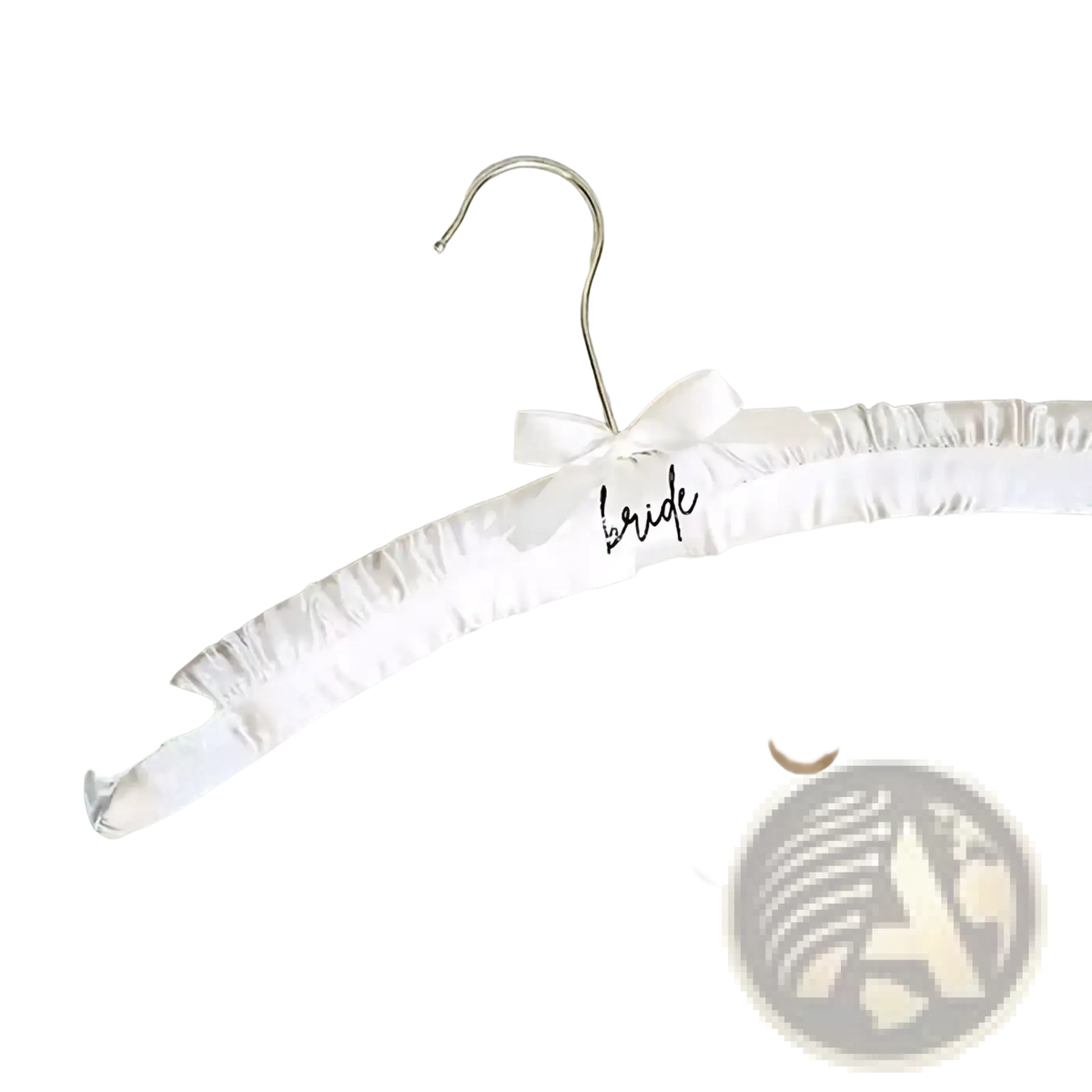 Bridal satin hanger covered in white satin with a delicate bow and bride scripted in black ink for wedding dresses