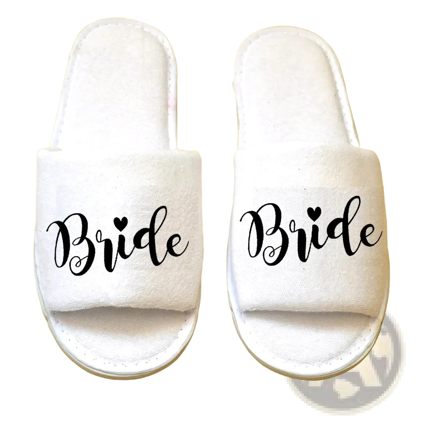 White plush slide sandals with bride printed in black cursive and a heart above the i for bridal shower use
