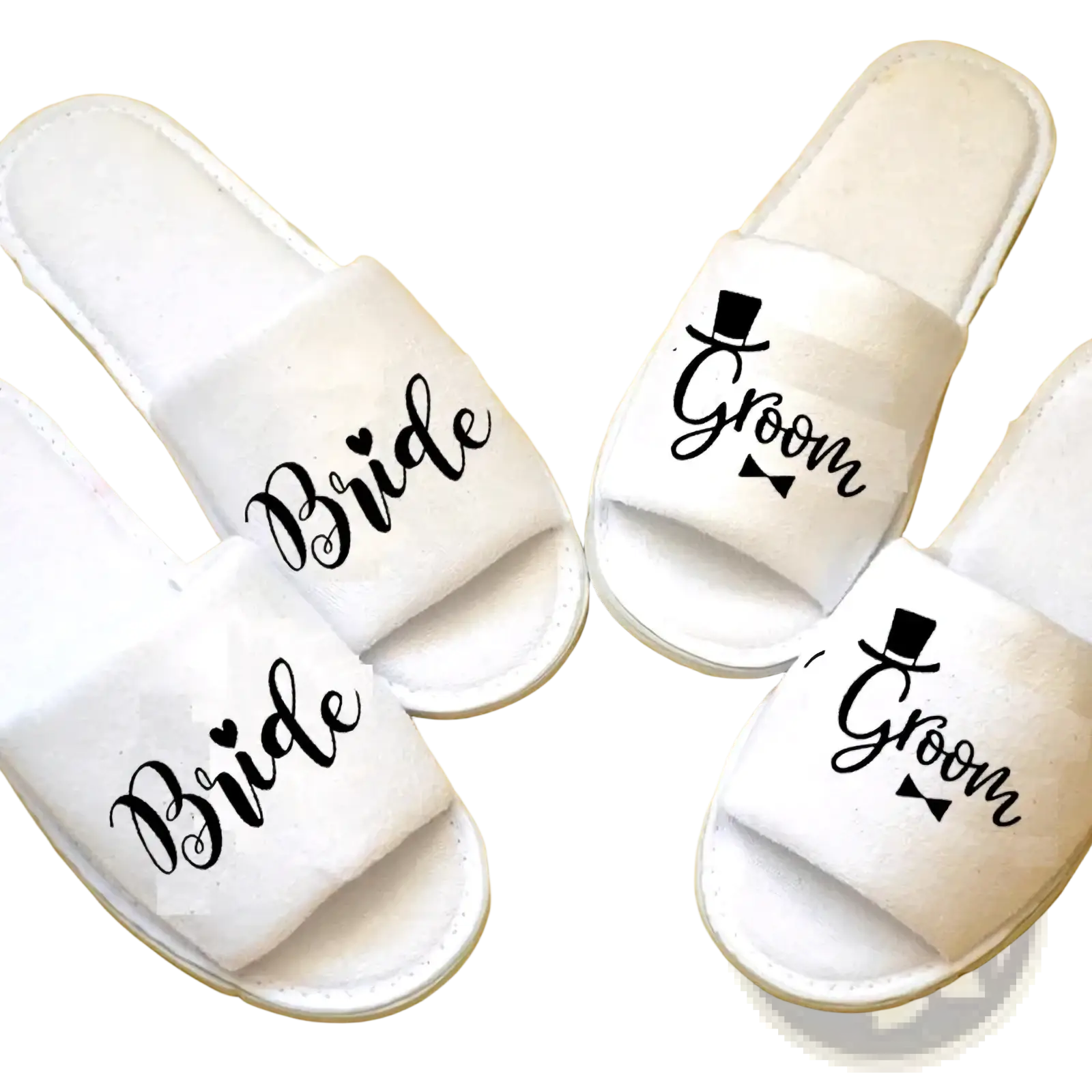 White plush bridal shower slippers with bride and groom black cursive script and top hat bow tie designs