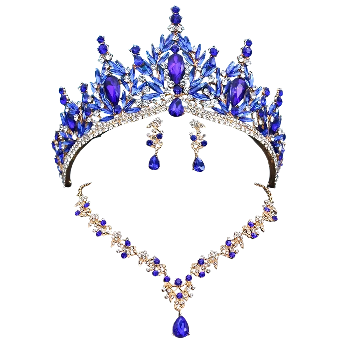 Bridal tiara jewelry set with royal blue tiara, deep purple teardrop crystals, clear rhinestones, and gold-tone necklace earrings